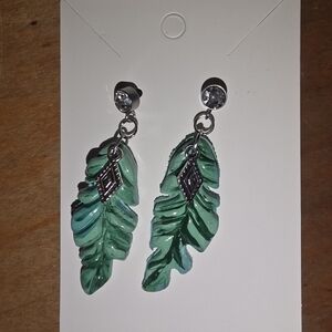 Green Leaf Polymer Clay Earrings With Stainless Steel Zircon Studs